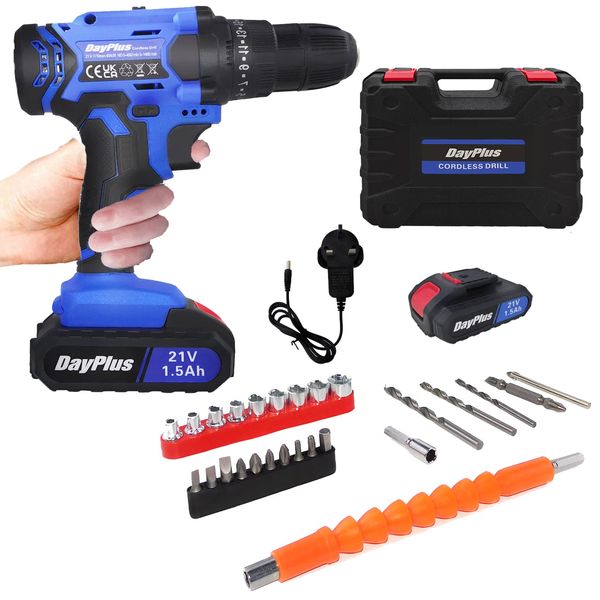 Brushless Cordless Drill Screwdriver (2 x 1.5Ah Battery, 21V, 45Nm, 0.8-10mm Keyless Chuck), Ergonomic Brushless Cordless Power Tool with LED Light for DIY Project and Drilling Wall, Wood, Metal