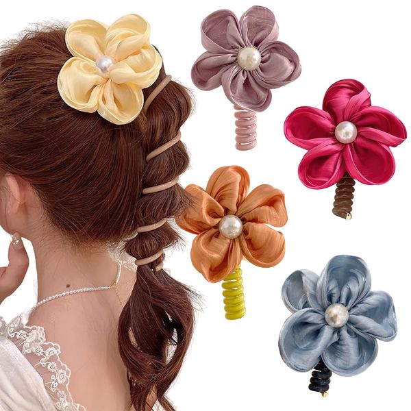 5 Pcs Spiral Telephone Wire Hair Bands Flower Shape Colorful Telephone Line Hair Rope No Crease Coils Thick Thin Hair Ponytail Braids Scrunachies Fixed Rope Accessory for Women Girl