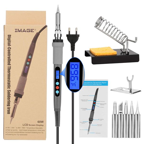 Lötkolben Set, IMAGE 4 in 1 Lötset 60W mit LCD digital Anzeige Lötstation Temperatur 180-480°C soldering iron für Elektronik Reparaturen Brandmalerei Schmucklöten