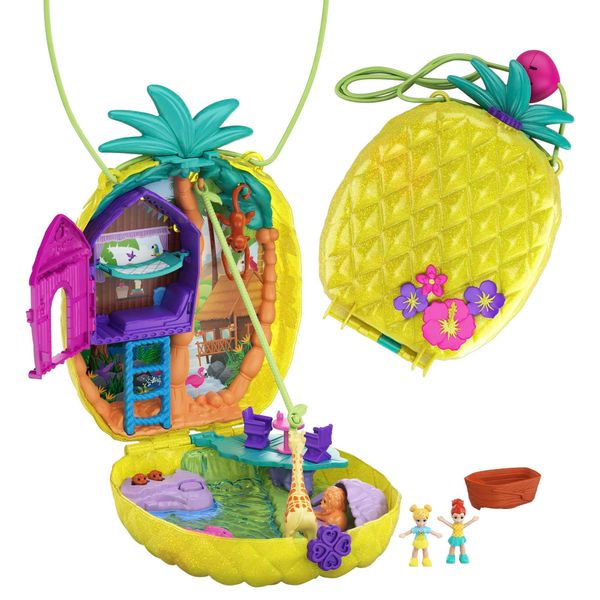 Polly Pocket Dolls & Accessories, 2-in-1 Travel Toy, Pineapple Purse Playset with Micro Polly & Lila Dolls