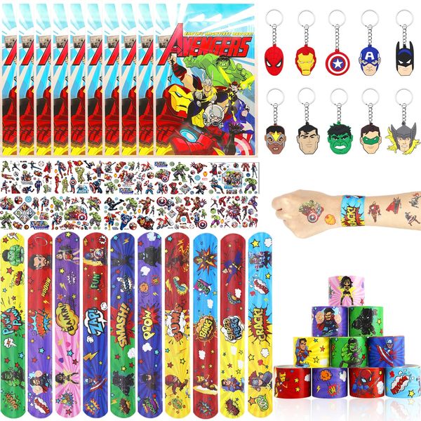 Avenger Party Bag Fillers for Kids Boys Girls, 40Pcs Superhero Theme Assorted Toys Pinata Filler with Slap Bands Stickers Keychains Gift Bags Lucky Dip Prize Party Favours for Birthday Gift Halloween