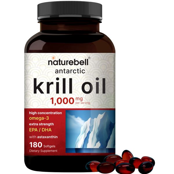 NatureBell Antarctic Krill Oil 1000mg Supplement, 180 Softgels, Natural Source of Omega-3s, EPA, DHA and Astaxanthin - No Aftertaste - Support Heart Health, Mercury Free & Non-GMO