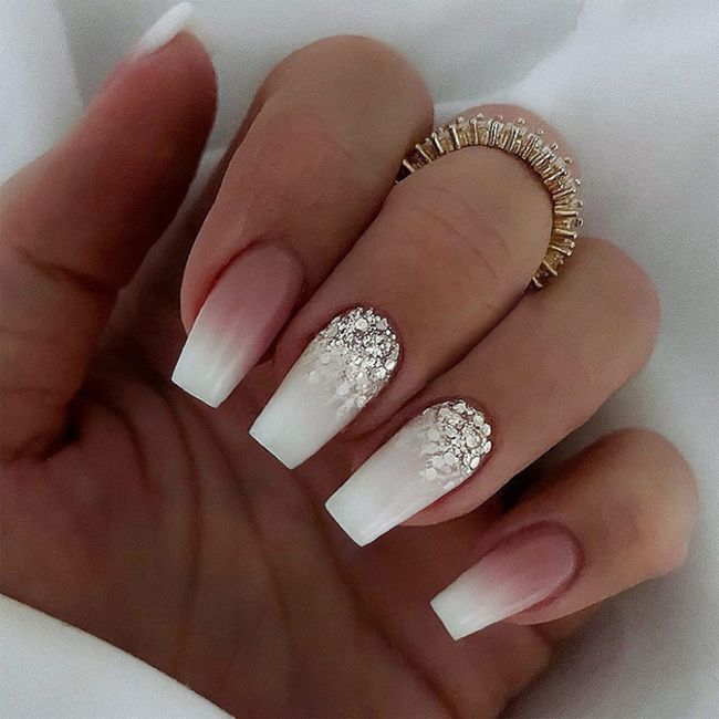 24pcs Short Coffin False Nails White Pink Ombre Stick on Nails Press on Nails with Glitter Sequins Removable Glue-on Nails Fake Nails Acrylic Full Cover Nails Women Girls Nail Art Accessories