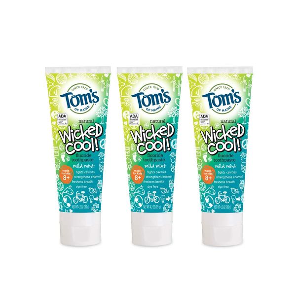 Tom's of Maine ADA Approved Wicked Cool! Fluoride Children's Toothpaste, Natural Toothpaste, Dye Free, No Artificial Preservatives, Mild Mint, 4.2 oz. 3-Pack (Packaging May Vary)