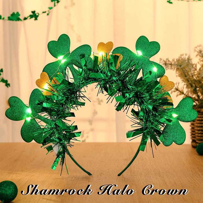 Aceorna Light Up St Patricks Day Headbands Led Clover Halo Crown Glitter Green Hairband Costume Irish Headpiece for Women (Led)