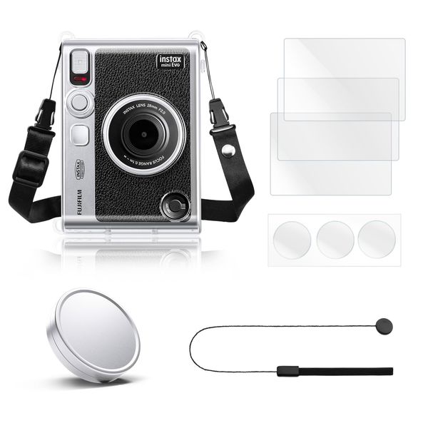 Rieibi Accessories for Fujifilm Instax Mini Evo Camera, Gift Bundle Includes Case & Lens Cap with Anti-Loss String & Screen Protector