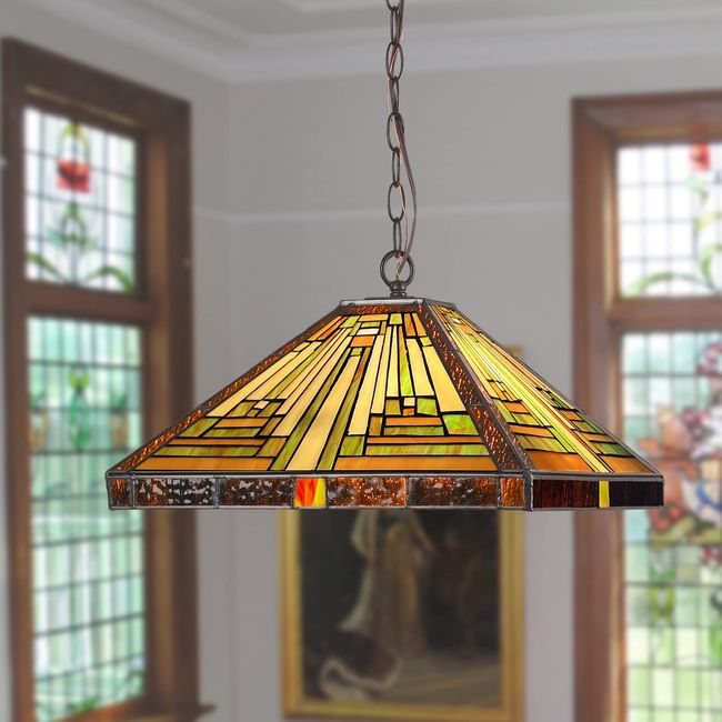 Capulina Tiffany Pendant Lights,2 Light Large 16” Wide Stained Glass Hanging Lamp,Antique Rustic Style for Kitchen Island Counter Dining Room Hallway