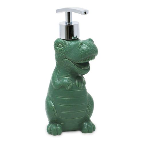 Isaac Jacobs Green Ceramic Dinosaur, Liquid Soap Pump/Lotion Dispenser with Chrome Metal Pump (Holds Up to 12 Oz.) – Great for Bathroom, Kitchen Countertop, Bath Accessory (Green)