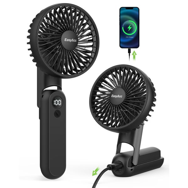 EasyAcc Handheld Fan, Portable Digital Display & 5 Speeds Desk Fan with Backup Power/lanyard/180°Foldable USB C Rechargeable Personal 2.5-18hrs Mini Hand Held for Travel Makeup Office - Black F18