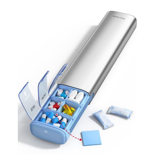 Vaydeer Pill Organizer Vaydeer Pill Case Week Twice Daily Medicine Case Metal Supplement Case Portable Medicine Holder (Silver)