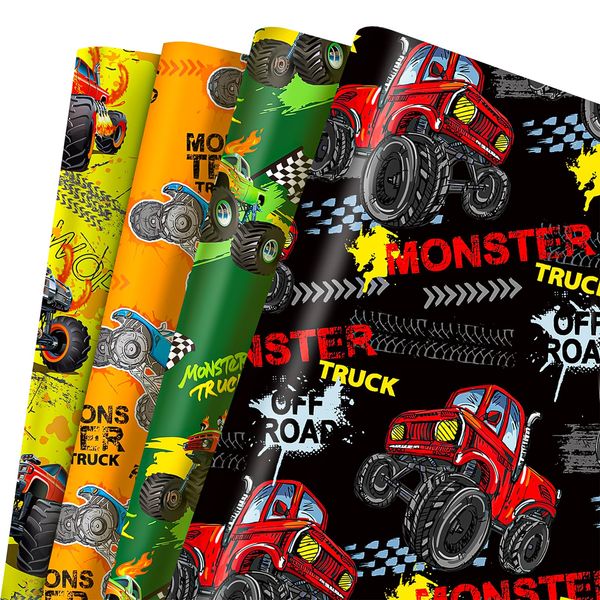 MORAINJAY 12 Sheets Monster Truck Wrapping Paper, Monster Truck Birthday Gift Wrap for Boys, Off Road Car Party Gift Wrap, Racing Truck Birthday Decorations for Kids 68 x 50cm