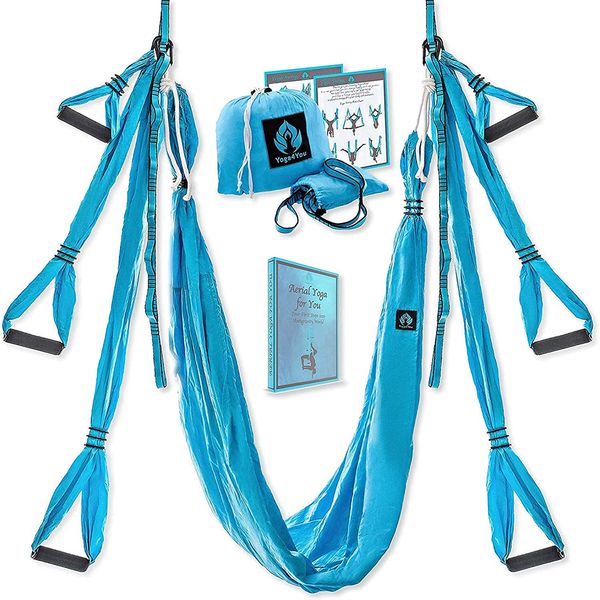 Aerial Yoga Swing Set - Yoga Hammock Aerial Swing - Aerial Sling Inversion Fly Kit - Flying Yoga Inversion Tool - Antigravity Ceiling Hanging Yoga Sling - Adult Kids Arial Door Yoga Swing (BLUE)