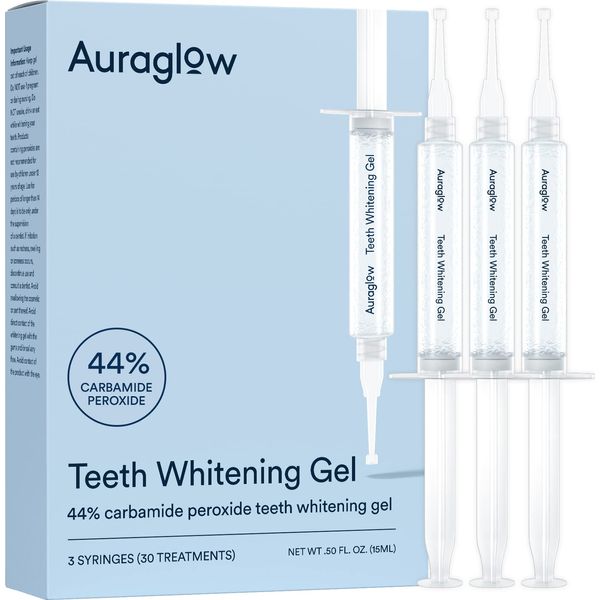 Auraglow Teeth Whitening Gel Syringe Refill Pack, 44% Carbamide Peroxide, (3X) 5ml Syringes, 30 Whitening Treatments