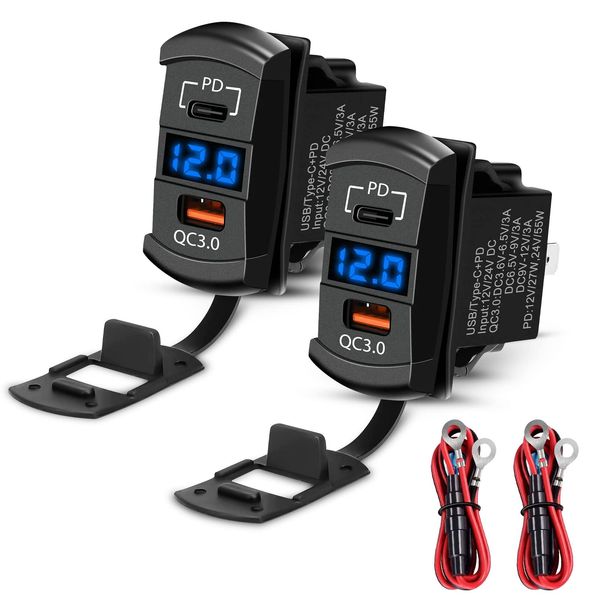 2 Pcs 12V USB Outlet, Rocker Switch 55W PD Type-C Charger Socket & 36W Quick Charge 3.0 USB Adapter, 12V Socket with LED Digital Voltmeter Waterproof for Car Boat Marine Vehicle Truck Golf Cart RV