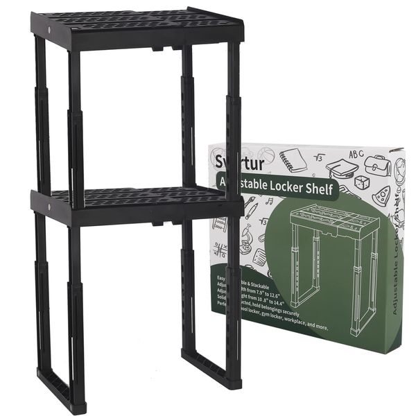 Locker Shelf Adjustable Height and Width, Locker Organizer for Work, Locker Shelves for School Locker, Stack-able Locker Stand Tools for Gym Locker, Locker Accessories Stuff, Black, Pack of 2