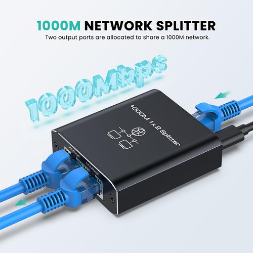 HRSDEIE Ethernet Splitter High Speed 1 to 2 Out 1000Mbps, Ethernet Gigabit Network Switch 2 Port Network Splitter with Type-C Power Cable for Cat 5/5e/6/7/8, Support Two Devices Working Simultaneously