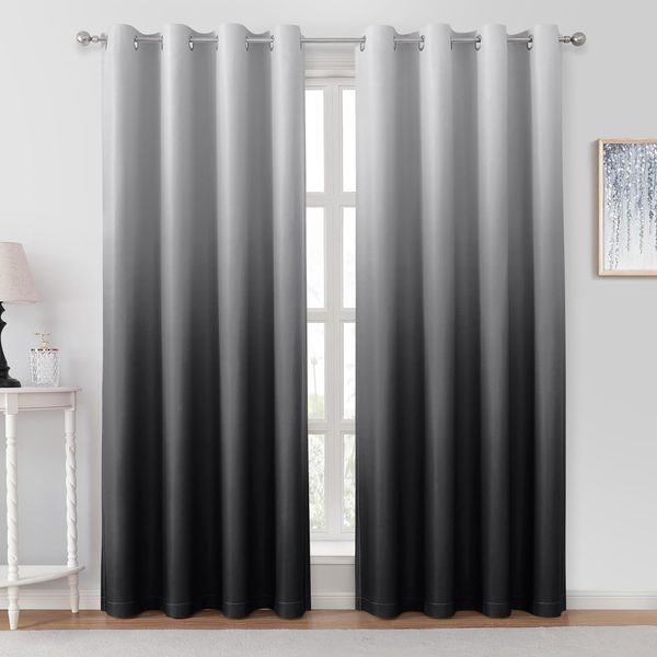 HOMEIDEAS Black Ombre Blackout Curtains 52 X 84 Inch Length Gradient Room Darkening Thermal Insulated Energy Saving Grommet 2 Panels Window Drapes for Living Room/Bedroom