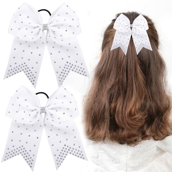 2 PCS 8" Large Rhinestones Cheer Hair bows, Cheerleading Bow with Ponytail Holders Elastic Hair Band for Cheerleaders Teen Girls Sports(White)