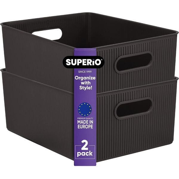 Superio 15L Medium Ribbed Storage Bin- Plastic Storage Bin  (2 Pack, Brown)