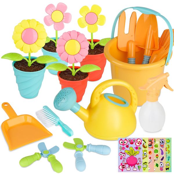 YAOZUP 24 Stück Kinder Gartengeräte Spielzeug mit Aufklebern, Gartenspielzeug Kinder, Sandspielzeug Mädchen, Kinder gießkanne Schaufel Rechen, Gartenspielzeug Set Kinder Gartenspielzeug ab 2 Jahr
