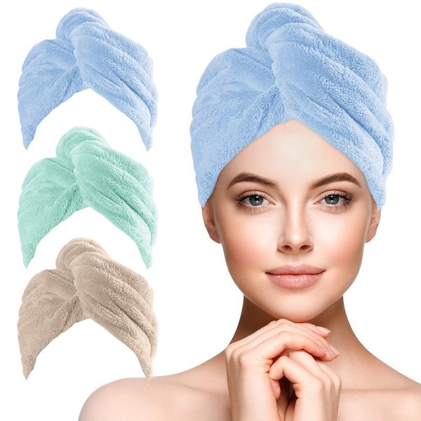 URAQT Hair Drying Towels Wrap, 3 Pack Hair Dry Cap with Buttons, Soft Microfiber Hair Turban Towel, Super Absorbent Anti Frizz Dry Hair Hat Fast Dry Head Wrap Towels for Women and Girls