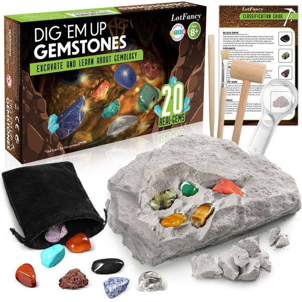 LotFancy Gemstone Dig Kit, Excavate 20 Real Gems, Science Kit for Kids Age 8-12, Educational Toy, Birthday Gift for Boys Girls with Mining Tools