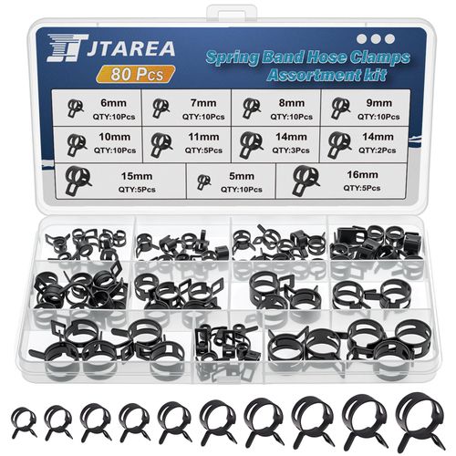 JTAREA Spring Band Hose Clamps Assortment Kit 10Sizes 80Pcs 5mm 6mm 7mm 8mm 9mm 10mm 11mm 14mm 15mm 16mm Hose Clamp Abrazaderas