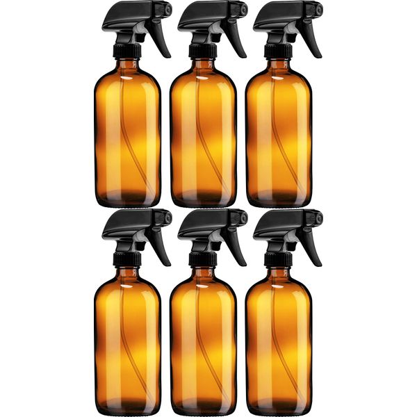Sally's Organics Empty Amber Glass Spray Bottle - Large 16 oz Refillable Container for Essential Oils, Cleaning Products, or Aromatherapy - Black Trigger Sprayer w/Mist and Stream Settings - 6 Pack