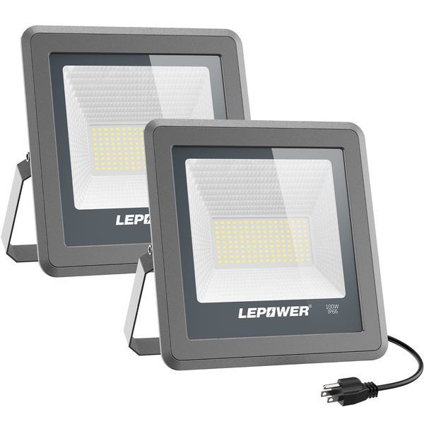 LEPOWER 100W LED Flood Light, 10000lm Work Light with Plug, Equiv 500W Halogen, 6000K White Light, IP66 Waterproof Outdoor Floodlight for Garage, Garden, Lawn, Basketball Court, Playground 2 Pack