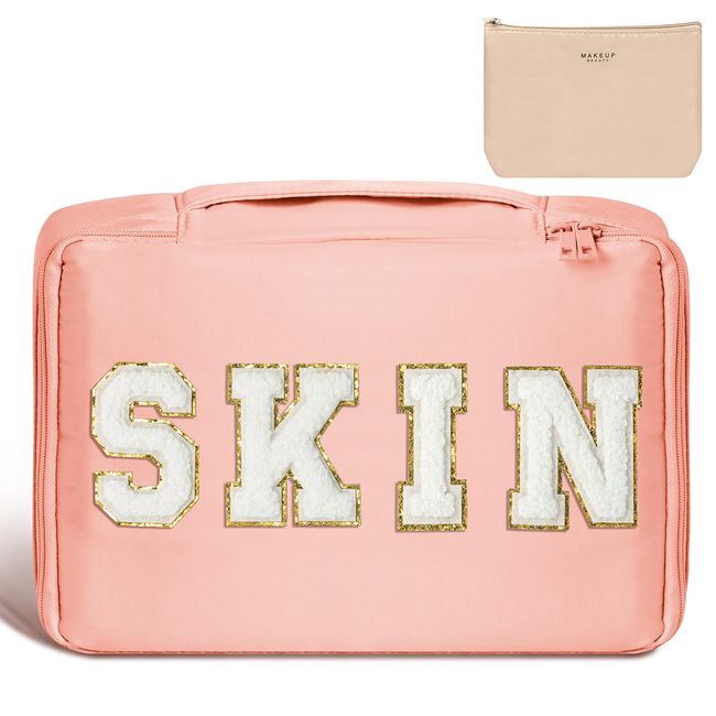 WATINC Pink Skin Patch Cosmetic Bag Beauty Make up Bag Portable Travel Toiletry Bag for Women Girls Pouch Storage Organiser Portable Pencil Case Waterproof Portable Zipper for Birthday Gifts