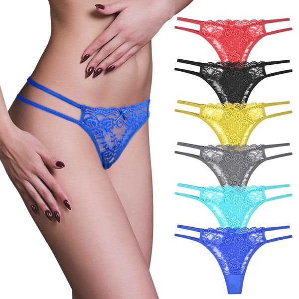 AUYAO 6 Pack Lace Thongs for Women, Lacy G-String Thongs No Show Panties, Multicolor Lace Panties G-Strings, See Through Lingerie Teddy Lingerie Lace Bikini Panties, Ladies Low Waist Sheer Panties