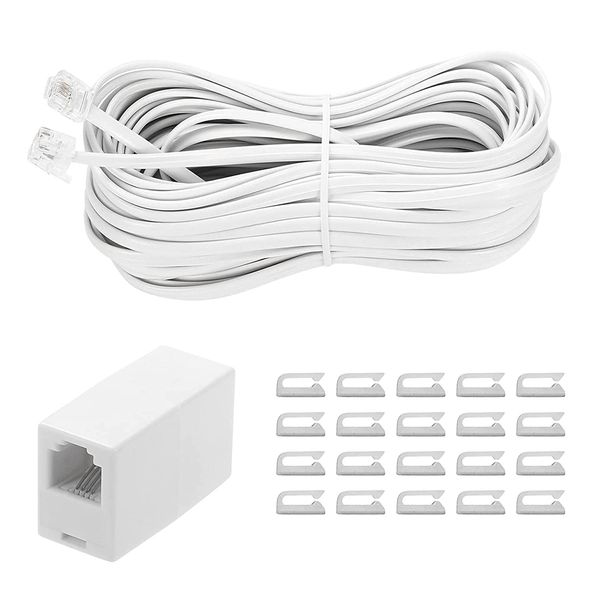 30M Slim Modular Cable Modular Cable Telephone Cable Telephone Extension Cable Male Telephone Wire Connector RJ11 Adapter Straight RJ11 6P4C Inline Coupler 20pcs Cable Clip Holder White