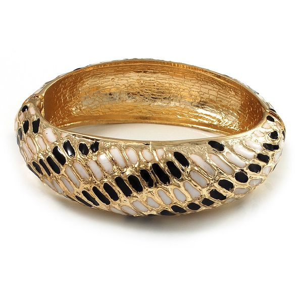 Avalaya Gold Plated Animal Pattern Hinged Bangle Bracelet (Black & White)
