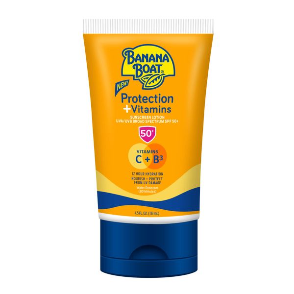 Banana Boat Protection + Vitamins Sunscreen Lotion SPF 50 | Moisturizing Sunscreen with Vitamin C & Niacinamide | Banana Boat Sunscreen Lotion, Vitamin B3 & Vitamin C Sunscreen, 4.5 oz (Pack of 12)