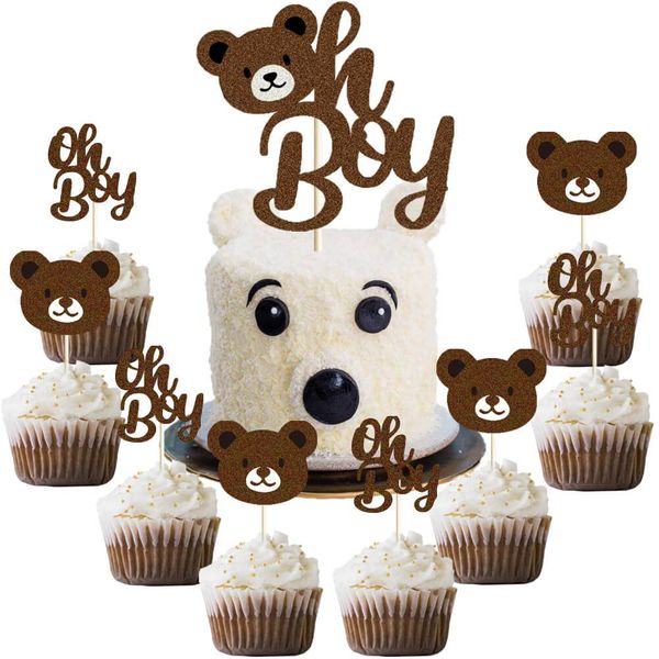 25 Pcs Bear Oh Boy Cake Topper Glitter Teddy Bear Oh Boy Party Cupcake Decor Lumberjack Buffalo Plaid Wild Bear Head Themed Boy's Baby Shower Gender Reveal Party Cake Supplies Decorations