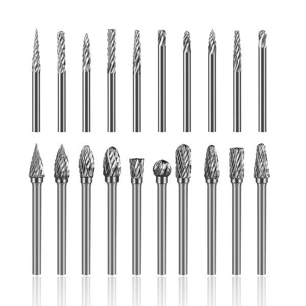 Mesee 20 Pieces Carbide Rotary Burr Set, 3mm Shank Double Cut Carving Bits Fit Rotary Tool Woodworking Die Grinder Accessories for Wood Metal Jade Engraving Grinding Polishing