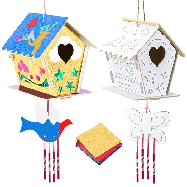 ZYAYE DIY Birdhouse Kits for Kids & Foil Fun Crafts，Wooden Birdhouse Kit 2 Pack，Wind Chime Part，Foil Sheets 100，No Mess Foil Art Kit Toys - Brithday，Halloween，Christmas for Boys and Girls 4+