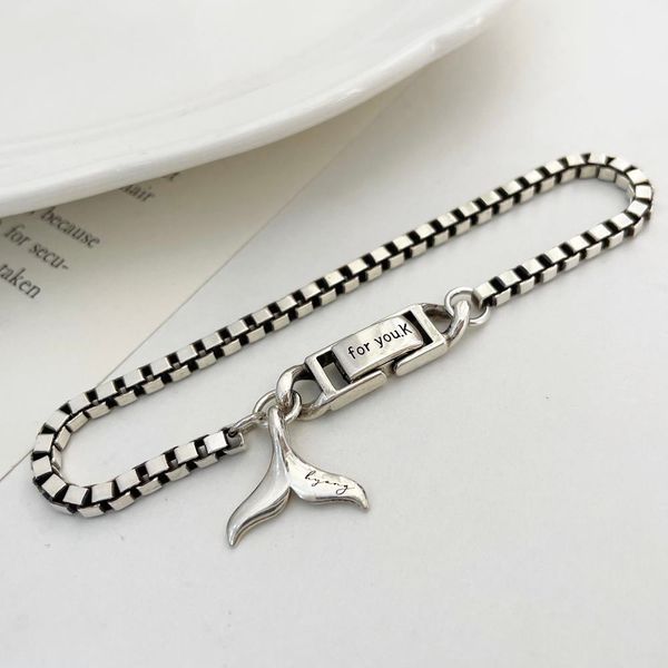 Silver 925 Box Square Chain Dolphin Tail Buckle Oil Painting Engraved Bracelet