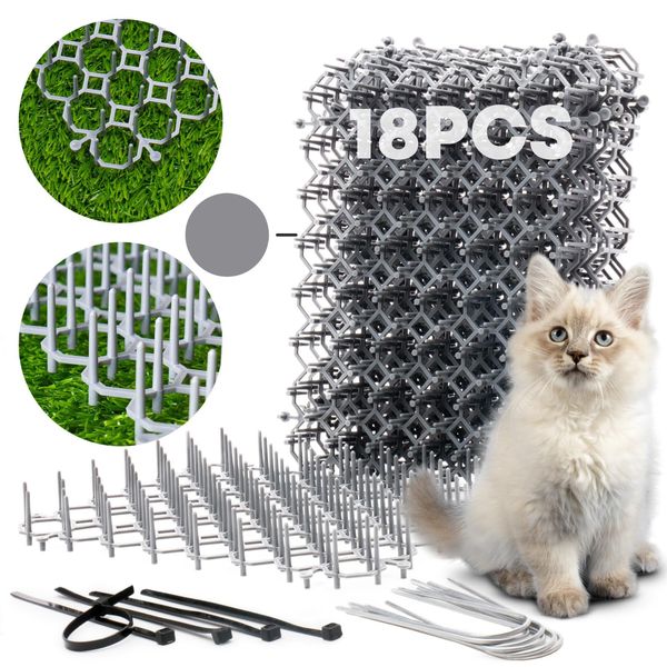 Cat Deterrent Scat Mat for Cats - 18 Pack Cat Spike Mat (Grey) 8 x 6 Inch with 1 Inch Spikes is A Perfect Cat Repellent Indoor & Outdoor for All Seasons. Includes 6 Garden Staples & 10 Zip Ties