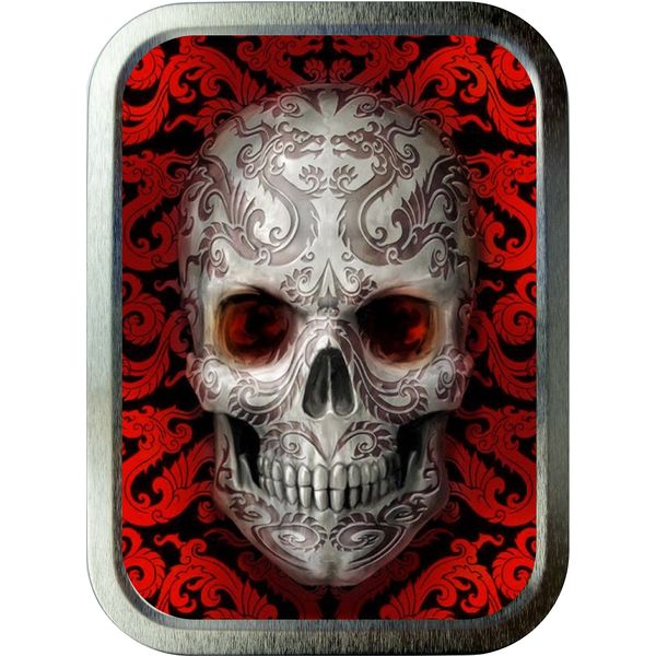 RED CANDY SKULL 2oz SILVER TOBACCO TIN,GIFT BOX