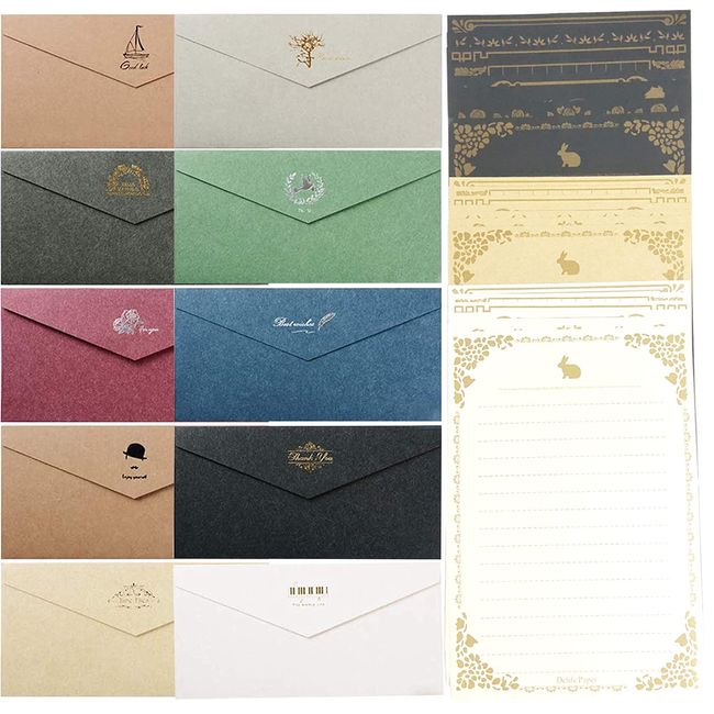 SYOUGO Letter Set, Envelopes, 10 Colors, Stationery, Letters, Kraft Paper, Antique Style, Simple, Stylish, Foil Stamping, Invitations, Weddings, Celebration Letters, Greeting Cards, Thank You Cards (10 Envelopes + 3 Colors 24 Sheets)