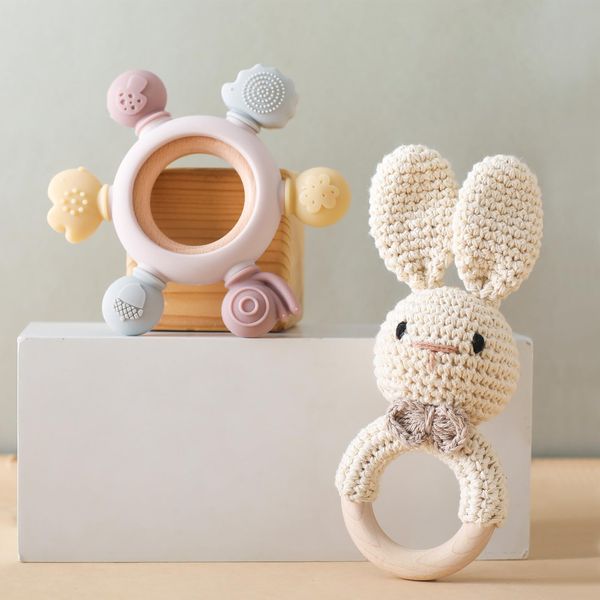 Wooden Baby Rattle Crochet Bunny and Ring Teether Set | Handmade Crochet Rattle Newborn Toy with Teether Ring | Animal Rattles for Boys and Girls | Baby Teether Toy