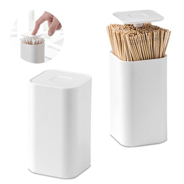 MAGGHEVI 2 Pcs Toothpick Case Toothpick Holder Toothpick Holder Toothpick Holder Push Type Hygienic Cotton Swab Holder Pop-up Type One Touch Hidden Toothpicks and Swabs Automatic Toothpick Holder 4