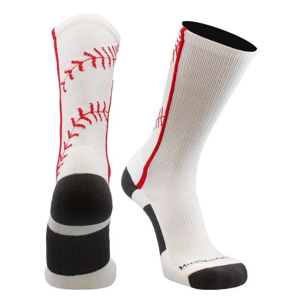 MadSportsStuff Baseball Socks with Stitches in Crew Length (White/Red, Large)