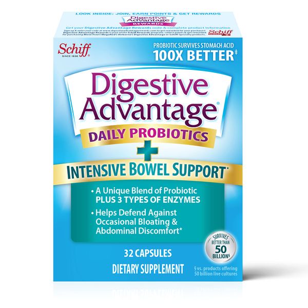Digestive Advantage IBS Probiotics for Digestive Health & Intensive Bowel Support, Probiotics for Women & Men with Digestive Enzymes, Support for Occasional Bloating & Gut Health, 32ct Capsules