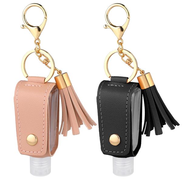 Mozeat Lens 2 Pcs Small Hand Sanitizer Keychain Portable Leather Hand Sanitizer Holder Leakproof Plastic Empty Bottles Hand Sanitizer Travel Holder Bottle for Lotion Liquid Soap Shampoo Black Pink