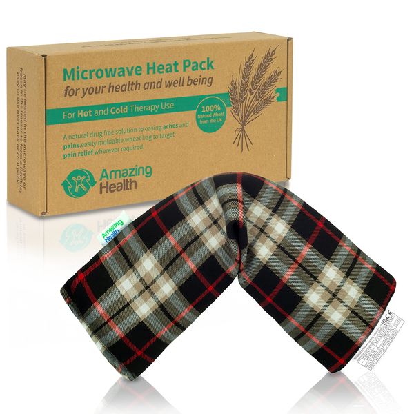 Amazing Health UNSCENTED Microwave Wheat Bag - Beige Tartan, 42cm Long, Cotton Heat Pad, Hot and Cold Pack, Made in UK, Gift Boxed