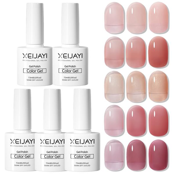 Jelly Gel Nail Polish,5PCS Nude Pink Translucent Nail Polish Set Soak Off UV/LED Lamp, Color Gel Nail Varnish for Gift, Nail Art French Manicure DIY at Home Sheer Clear Crystal Gel Nail Polish Kit