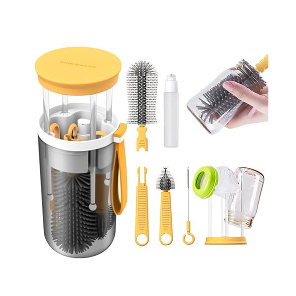 SINNMAO Portable Baby Bottle Brush Kit, 6-in-1, Portable, Bottle, Drying Rack, Nipple Brush, Silicone Brush, Straw Brush, Baby Bottle, Wash, Detergent, Disinfection, Convenient, Storage, Easy to Use,