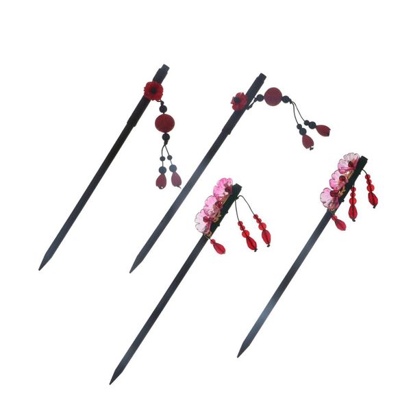 Vctitil 4Pieces Chinese Traditional Flower Hair Chopstick Set,Handmade Retro Red Flower Tassel Hair Pins for Women Girl Hair Accessories Long Hair(Red)